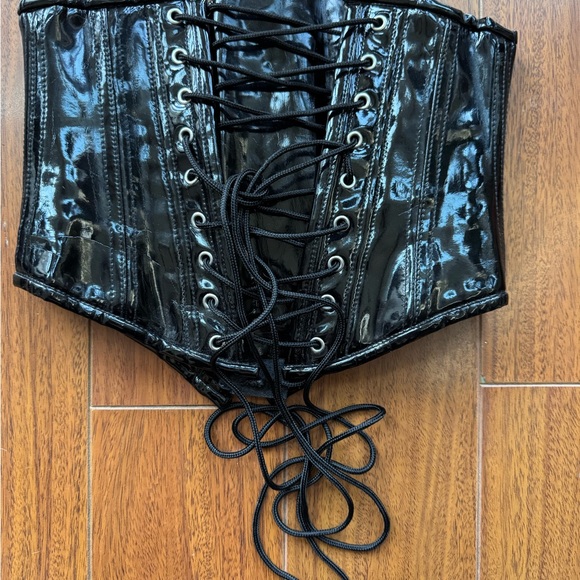 Black Patent Faux Leather Zip Corset sz Small - Picture 3 of 11